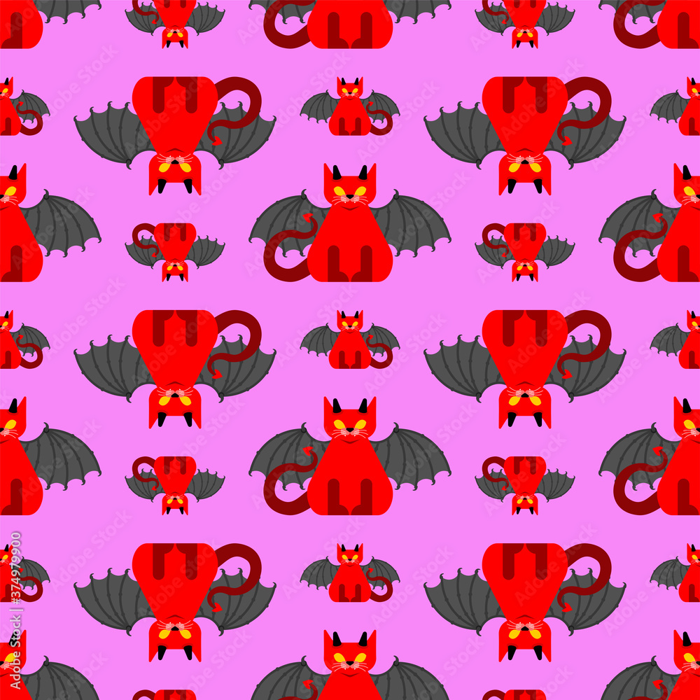 Obraz premium Devil cat pattern seamless. Satan pet background. Red demon animal texture. vector ornament