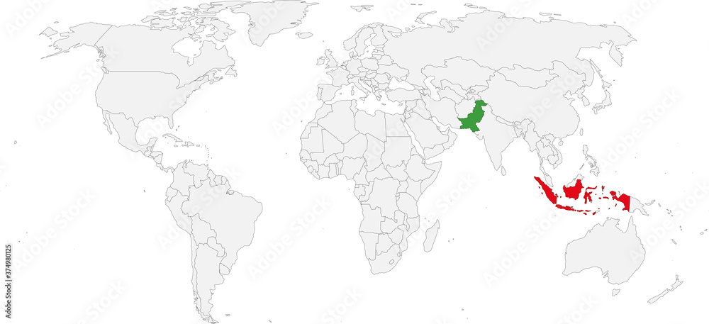 Naklejka premium Pakistan, Indonesia countries isolated on world map. Business concepts and Backgrounds.