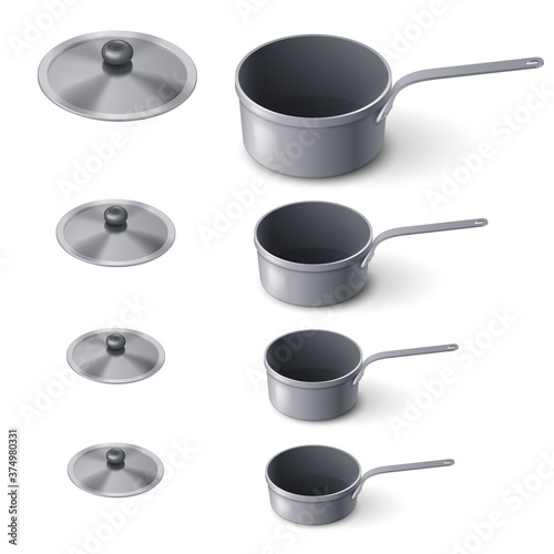 Set of Steel Saucepans with lid in Varying Sizes. Illustration on a White Backdrop for Your Web Mobile App Logo Design