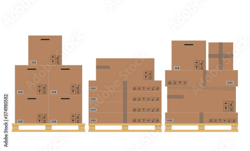 Cardboard boxes stacked on wooden pallet.