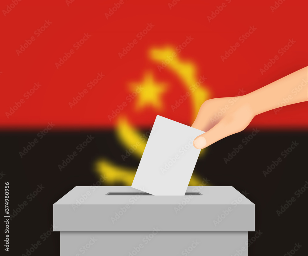 Angola election banner background. Ballot Box with blurred flag Template for your design