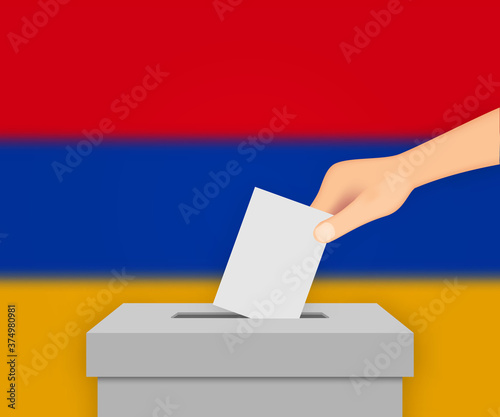 Armenia election banner background. Ballot Box with blurred flag Template for your design