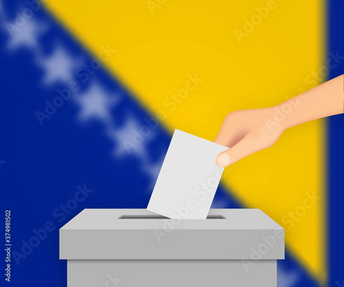 Bosnia election banner background. Ballot Box with blurred flag Template for your design
