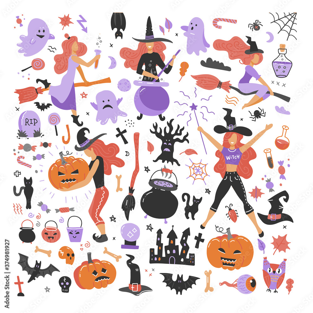 Cute young witch halloween set objects. Collection design element with femela characters, pumpkin, witch hat, spider, skull, cat, bat. Vector flat iillustration. Cute young witch halloween set objects. Collection design element with femela characters, pumpkin, witch hat, spider, skull, cat, bat. Vector flat iillustration.