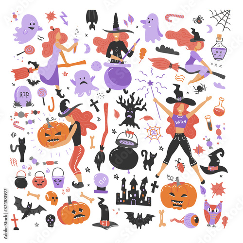 Cute young witch halloween set objects. Collection design element with femela characters, pumpkin, witch hat, spider, skull, cat, bat. Vector flat iillustration.