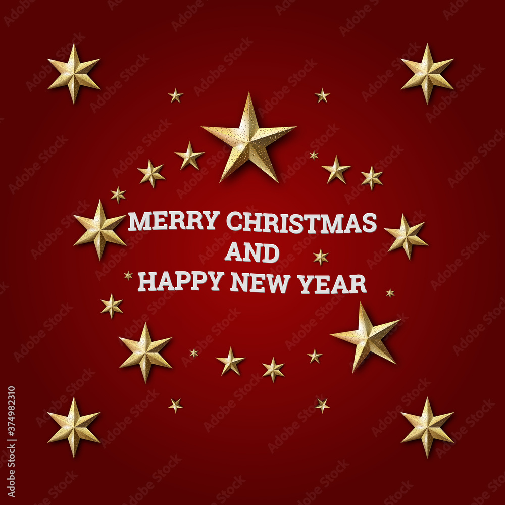 Merry christmas and happy new year background. Chic Christmas Greeting Card. Gold stars on red background. Stock vector illustration.	
