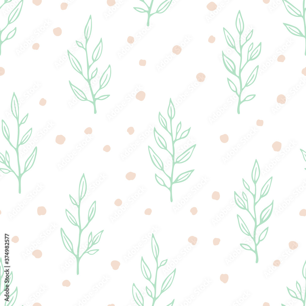 Vector seamless pattern with hand drawn small branches and dots. Cute simple design for wallpaper, fabric, textile, wrapping paper