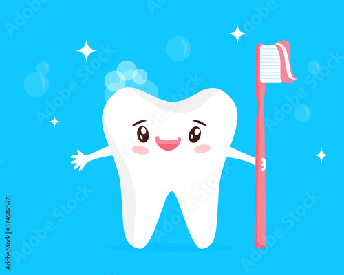 Happy cartoon tooth with brush. Vector illustration of kawaii smiling character. Concept of dental health care, children teeth hygiene, caries prevention