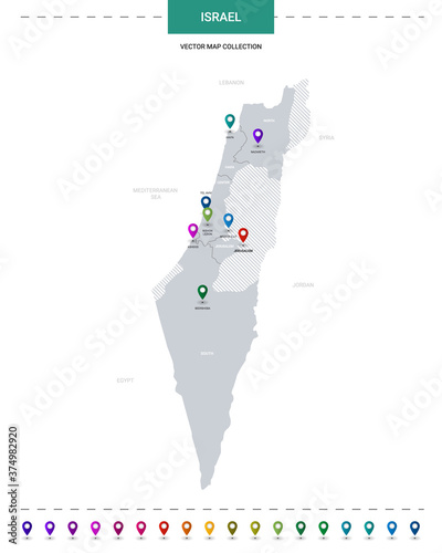 Israel map with location pointer marks. Infographic vector template, isolated on white background.