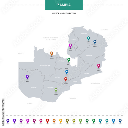 Zambia map with location pointer marks. Infographic vector template, isolated on white background.