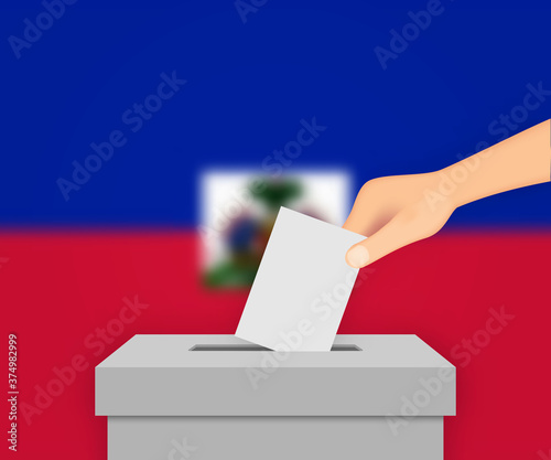 Haiti election banner background. Ballot Box with blurred flag Template for your design