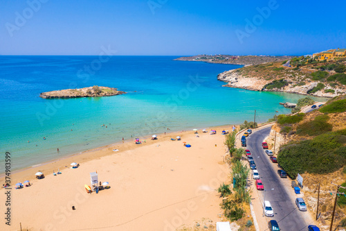 Sandy beach of Kalathas with the picturesque islet in Akrotiri Chania, Crete, Greece.