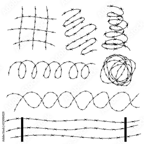 Twisted barbed wire elements set in different shapes. Vector illustration of steel black wire barb fence designs. Concept of protection, danger or security