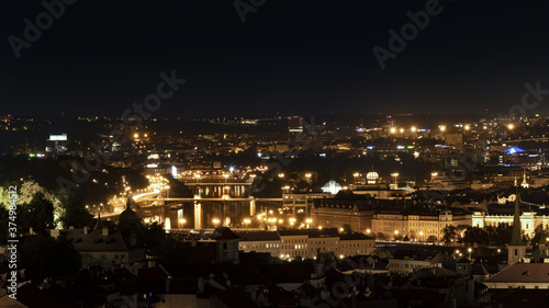 Night panoramic photo of the city with the river and beautiful reflections on the surface
