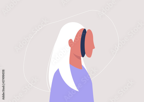Young female character taking off a mask, mental health problems, detachment and depression