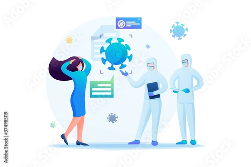 Medical staff in protective suits make an examination of the patient. Keeps a social distance. Flat 2D. Vector illustration web design