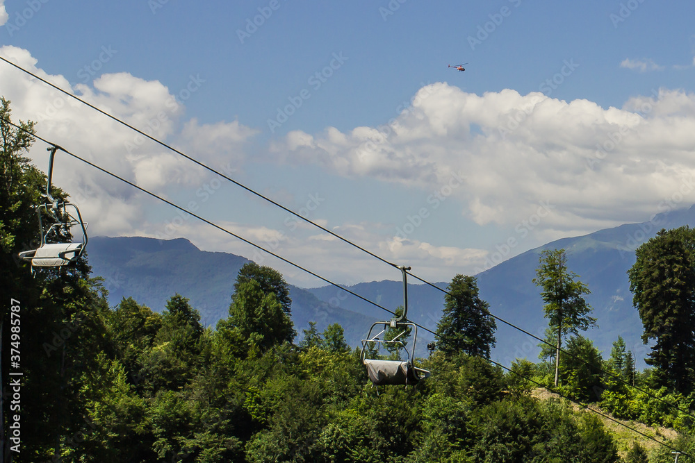 Sochi, Russia-July 11, 2020: ropeway in the Caucasus mountains in Rosa Khutor