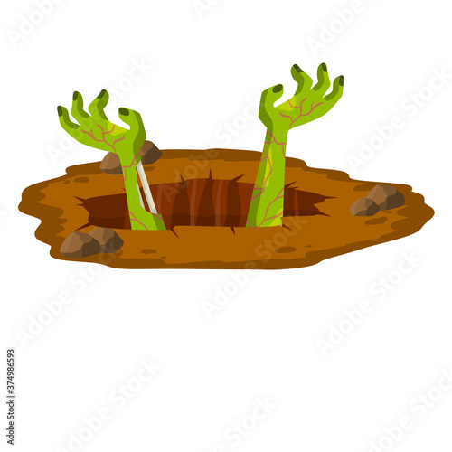 Grave. Hole in brown ground. Green hands of dead zombie. Element of Halloween. Bones and rotting corpse. Scary illustration. Flat cartoon