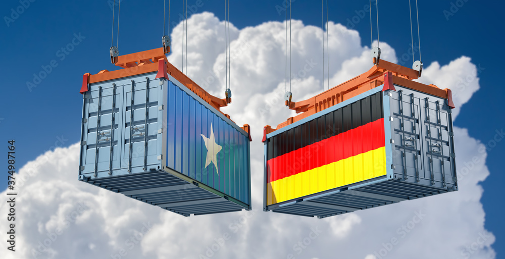 Freight containers with Somalia and German flag. 3D Rendering 