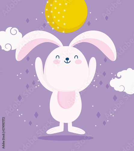 happy mid autumn festival, full moon cute rabbit and clouds cartoon, blessings and happiness
