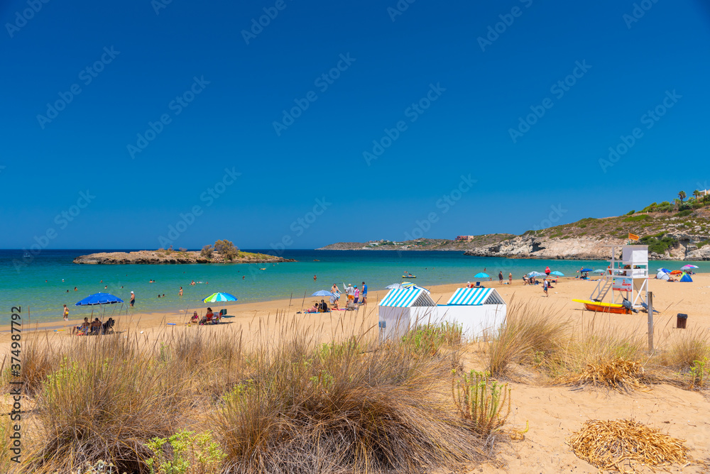 Fototapeta premium Sandy beach of Kalathas with the picturesque islet in Akrotiri Chania, Crete, Greece.