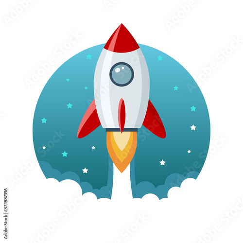 rocket, cartoon,Rocket cartoon ship with space, stars and smoke in circle. Startup concept project development. Space rocket launch to the moon. Vector illustration in a flat style. 