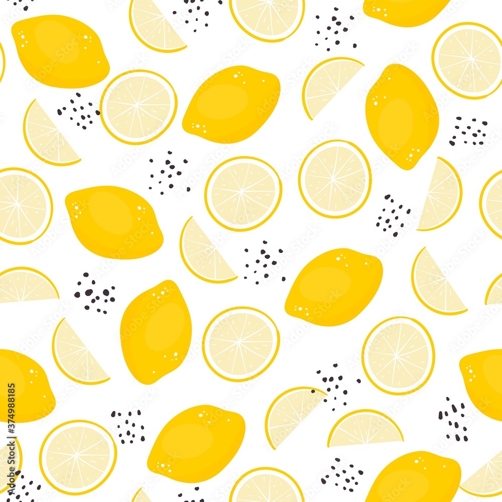 Seamless vector pattern with lemons on white background. Summer illustration for background, textile design.