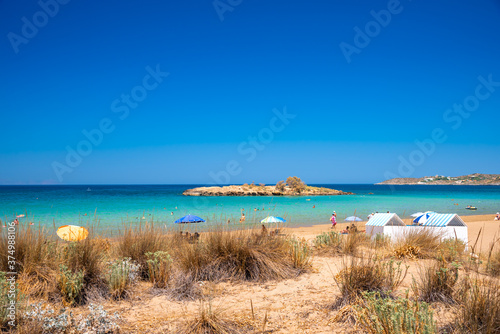 Sandy beach of Kalathas with the picturesque islet in Akrotiri Chania  Crete  Greece.