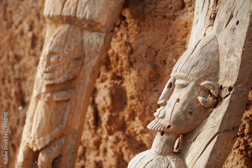 Dogon wood sculptures in Teli village, Dogon country, Mali photo