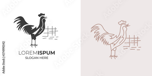 Chicken logo design white and black vector icon.poultry farm logo,running livestock,chicken crown,hen logo, rooster logo vintage minimal retro logo design .chicken line art logo design with food .