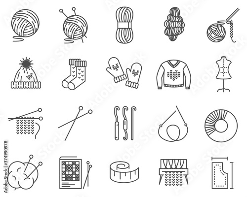 Knitting and needlework line vector icons set.