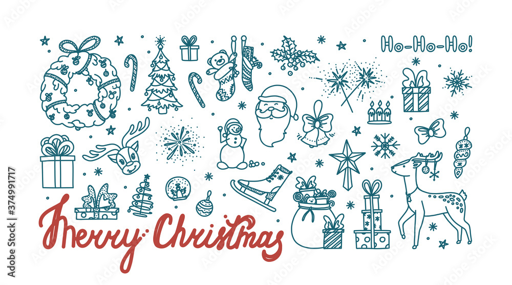 Merry Christmas doodle card with all holiday objects. Hand drawn Christmas sketch. Isolated vector illustration