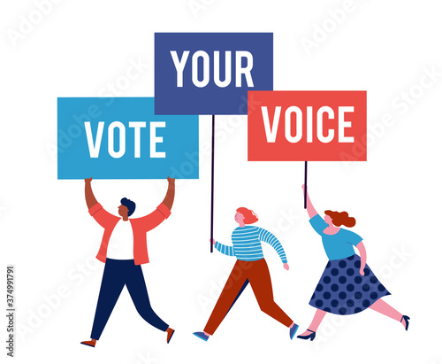 Group of people, walking with flags to elections. Crowd of women and men at a demonstration. Concept for election campaign, voting theme vector background. 