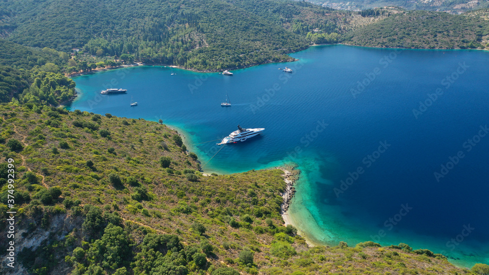 Aerial drone photo of beautiful paradise peninsula and bay of Skinos with many crystal clear beaches in beautiful Ionian island of Ithaki or Ithaca, Greece
