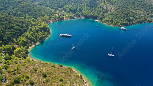 Aerial drone photo of beautiful paradise peninsula and bay of Skinos with many crystal clear beaches in beautiful Ionian island of Ithaki or Ithaca  Greece