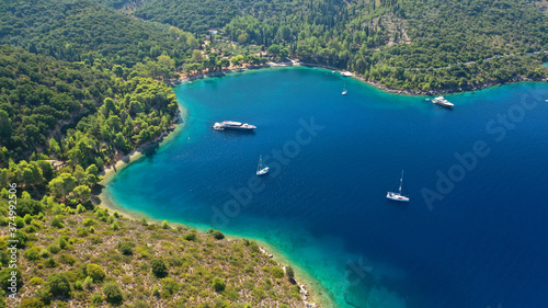 Aerial drone photo of beautiful paradise peninsula and bay of Skinos with many crystal clear beaches in beautiful Ionian island of Ithaki or Ithaca, Greece