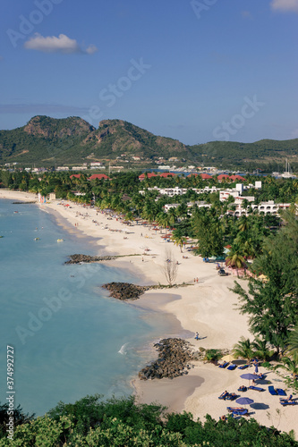 West Indies, Caribbean, Lesser Antilles, Leeward Islands, Antigua and Barbuda, Antigua, elevated view over Jolly Harbour and Jolly Beach