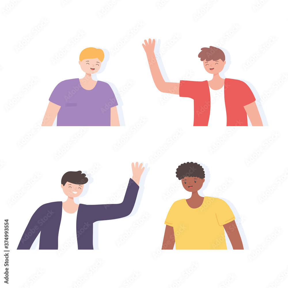 happy group young men cartoon characters icons happy group young men cartoon characters icons