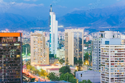 Photography South America, Chile, Santiago city skyline and the Andes mountains at dusk