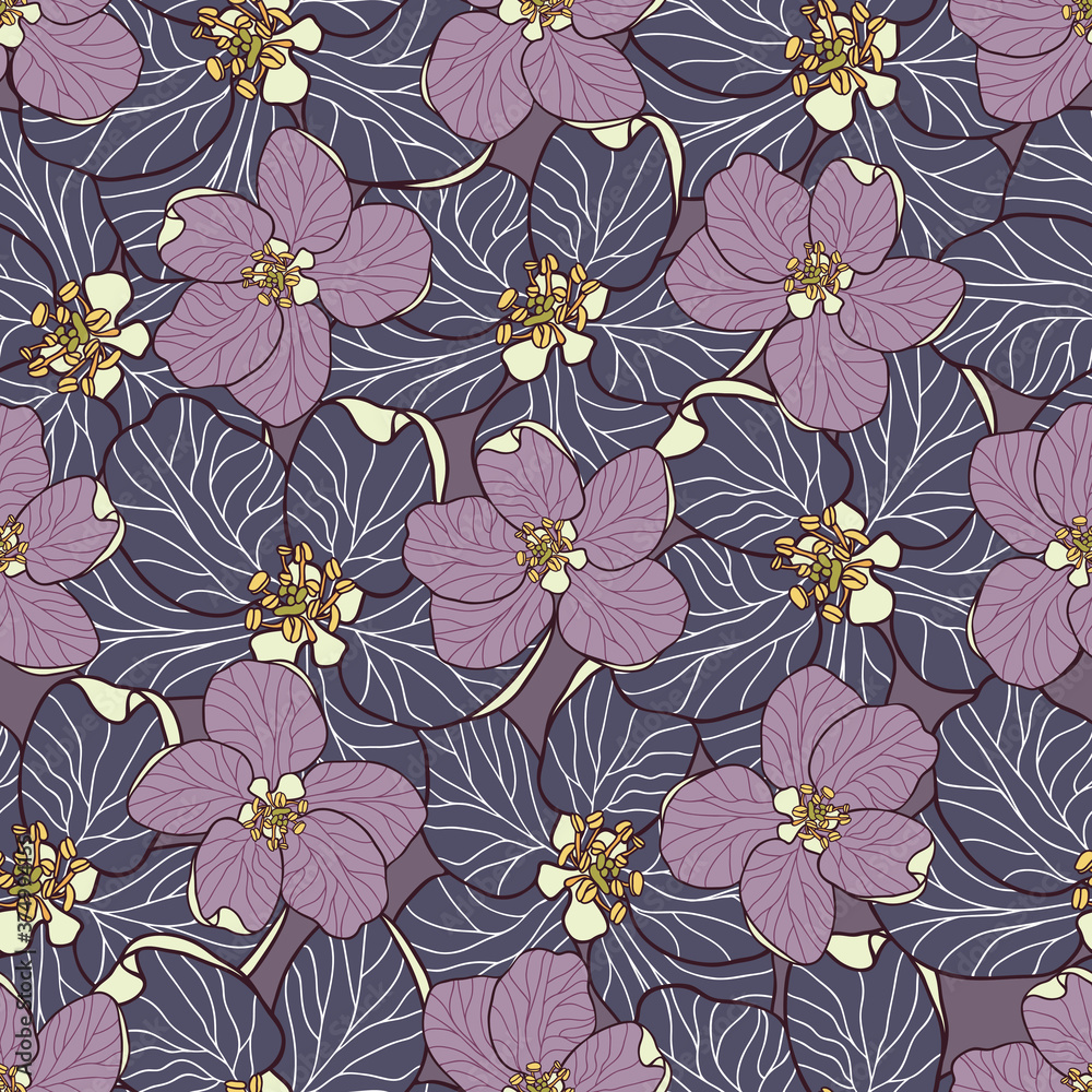 Hand drawn Apple flowers in Blue and purple. Modern floral seamless vector pattern suitable for fashion fabrics, wallpapers, curtains and upholstery.