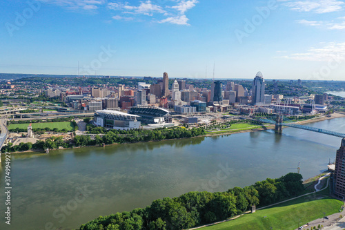 Aerial photo of blue skies over Cincinnati, the Ohio River, Covington Kentucky and Newport.