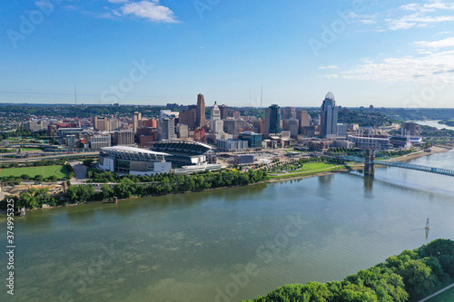 Aerial photo of blue skies over Cincinnati, the Ohio River, Covington Kentucky and Newport. © Rick Lohre