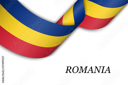 Waving ribbon or banner with flag of Romania