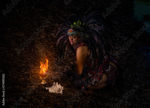 BEAUTIFUL MEXICAN WOMAN WEARING CEREMONIAL COSTUME MEXICA