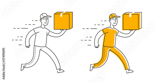 Express delivery symbol. Courier runs with box vector illustration