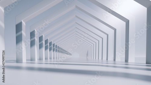 Fototapeta Naklejka Na Ścianę i Meble -  3d render, abstract futuristic background. White hexagonal tunnel.