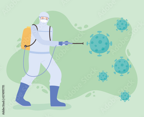 virus disinfection, man in hazmat suit cleaning and disinfecting, covid 19 coronavirus, preventive measure