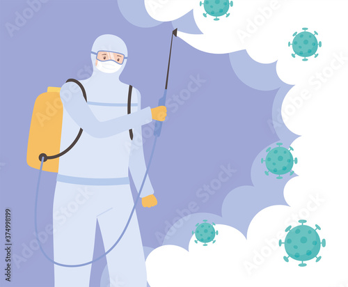 virus disinfection, medical scientist disinfecting coronavirus, preventive measures covid 19