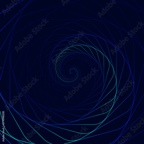 Swirling lighting symbol. Optical illusion. Twisted blue wormhole. 3D wireframe abstract tunnel. Vector illustration.