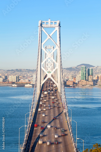 USA, California, San Francisco, Oakland Bay Bridge and City Skyline